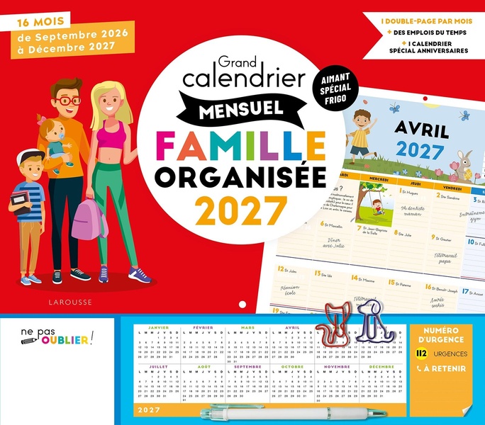 GRAND CALENDRIER MENSUEL FAMILLE ORGANISE SOUPLE 2027 - DE SEPTEMBRE 2026 A DECEMBRE 2027