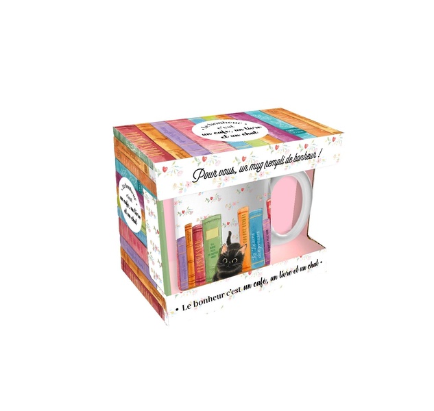MUG LE BONHEUR C'EST UN CAFE, UN LIVRE ET UN CHAT NOUVEAU DESIGN