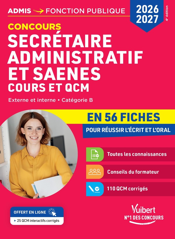 CONCOURS SECRETAIRE ADMINISTRATIF ET SAENES EN 56 FICHES 2026-2027 - COURS ET QCM - CATEGORIE B
