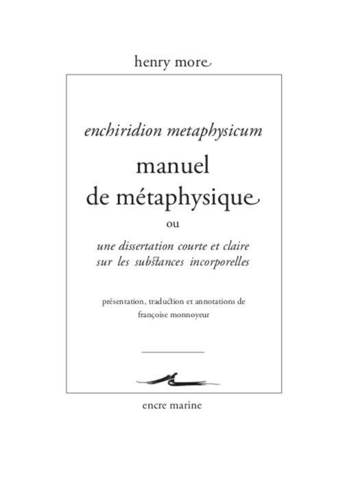 MANUEL DE METAPHYSIQUE - OU DISSERTATION COURTE ET CLAIRE SUR LES SUBSTANCES INCORPORELLES