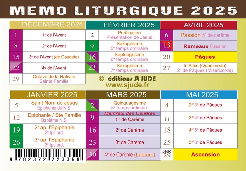 CARTE MEMO LITURGIQUE 2025 - LE PENSE-BETE DU CATHOLIQUE