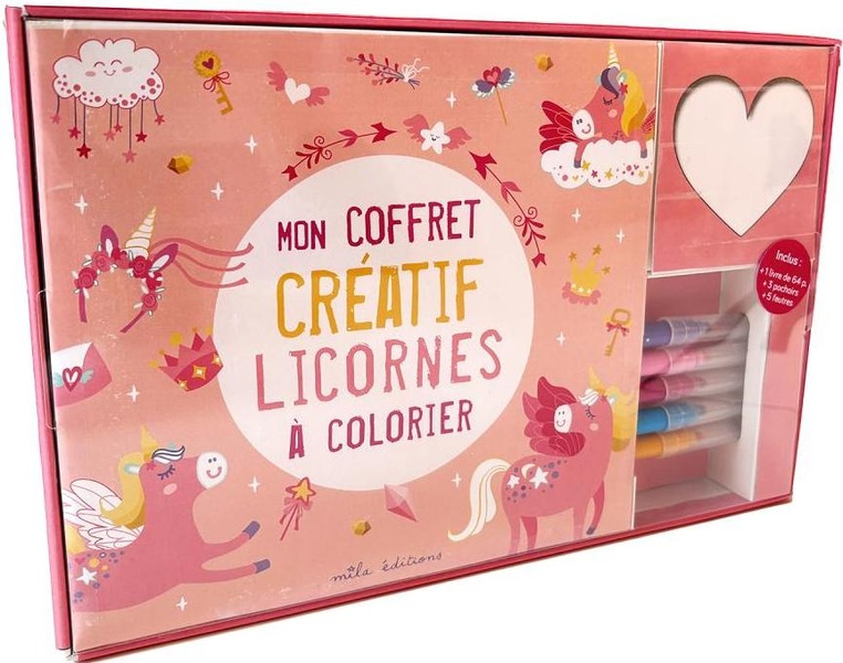 MON COFFRET CREATIF - LICORNES A COLORIER - UN LIVRE DE COLORIAGE, 5 FEUTRES ET 3 POCHOIRS