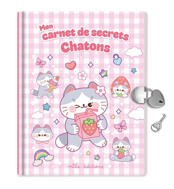 MON CARNET DE SECRETS - CHATONS - UN JOURNAL INTIME AVEC UN CADENAS EN FORME DE COEUR, UN STYLO ET 2