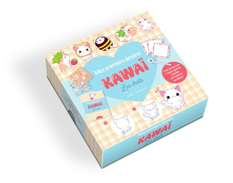MES PREMIERS DESSINS KAWAI - LES CHATS (COFFRET) - AVEC 1 LIVRE, 2 PLANCHES DE STICKERS, 5 FEUILLES,