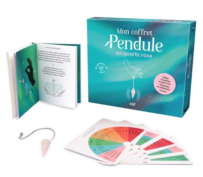 MON COFFRET PENDULE EN QUARTZ ROSE - UN PENDULE DIVINATOIRE EN PIERRE NATURELLE CERTIFIEE, UN LIVRE