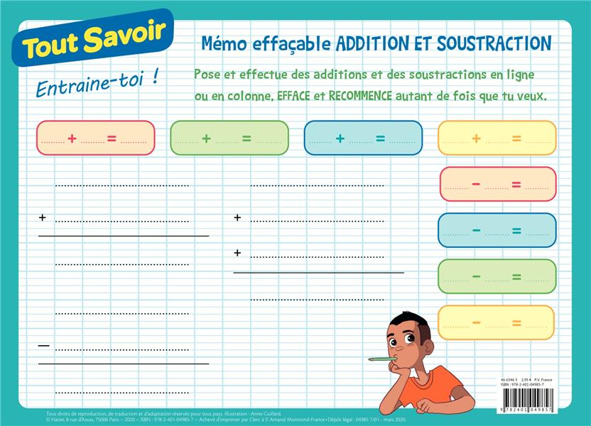 MEMO EFFACABLE ADDITION ET SOUSTRACTION