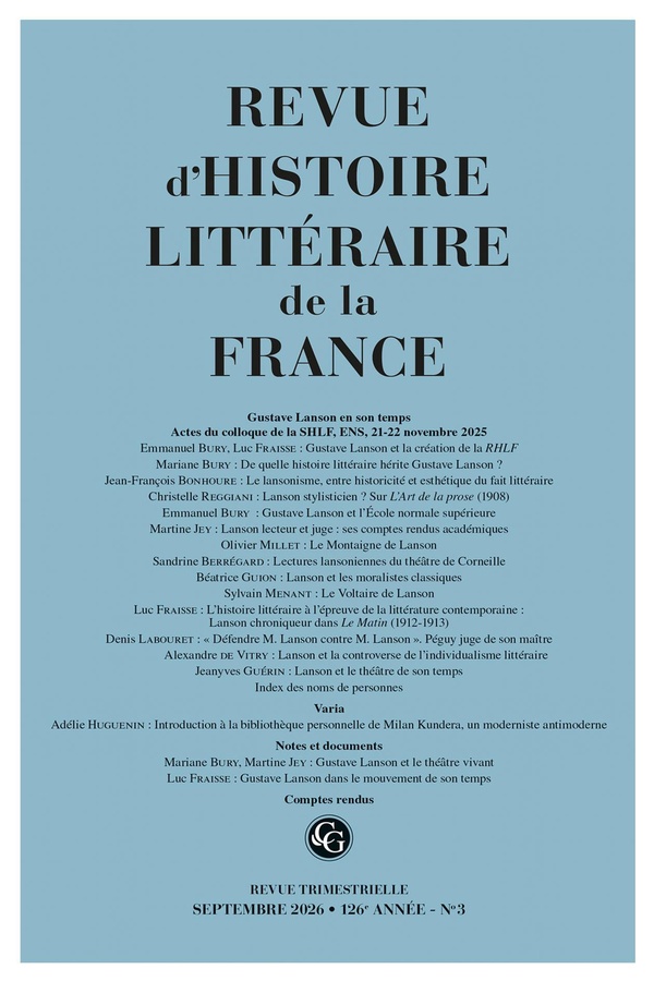 REVUE D'HISTOIRE LITTERAIRE DE LA FRANCE 3 - 2026, 126E ANNEE, N 3 - VARIA