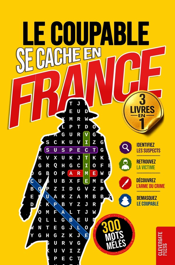 LE COUPABLE SE CACHE EN FRANCE - VOL. 1-3 COFFRET LIVRE DE MOTS MELES POUR ADULTES 300 ENIGMES POLIC