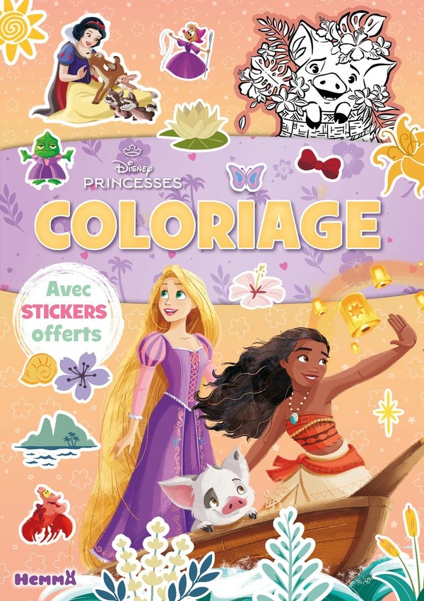 DISNEY PRINCESSES - COLORIAGE AVEC STICKERS OFFERTS (RAIPONCE ET VAIANA BATEAU)