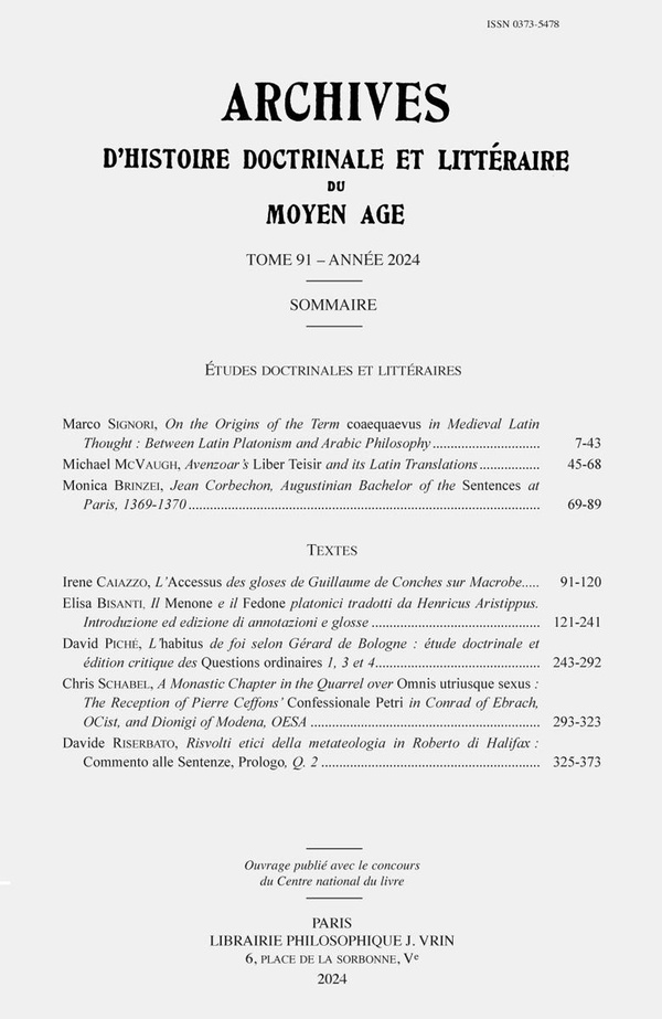 ARCHIVES D'HISTOIRE LITTERAIRE ET DOCTRINALE DU MOYEN AGE XCI 2024