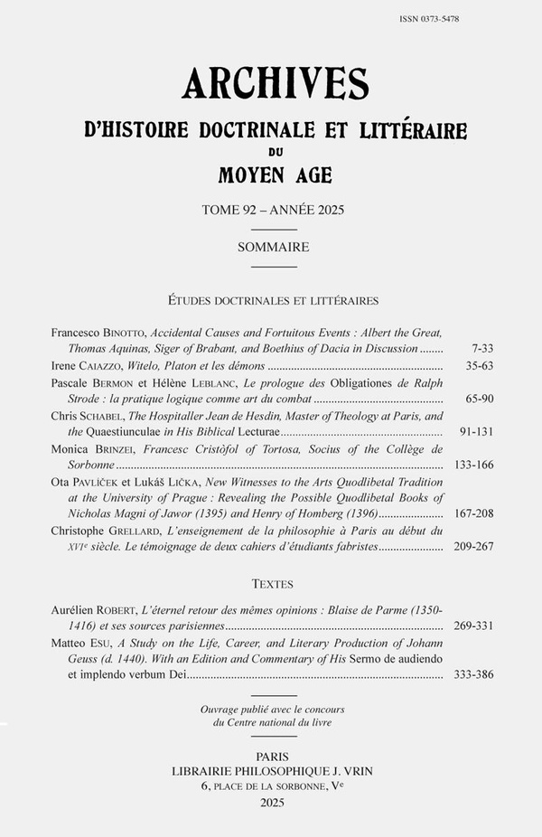 ARCHIVES D'HISTOIRE LITTERAIRE ET DOCTRINALE DU MOYEN AGE XCII 2025