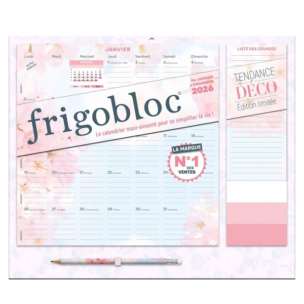 FRIGOBLOC MENSUEL 2026 TENDANCE DECO ROSE (DE JANV. 2025 A DEC. 2026)