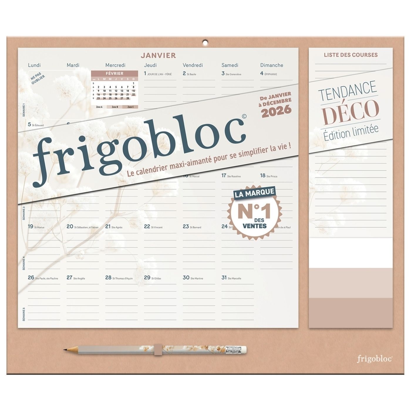 FRIGOBLOC MENSUEL 2026 TENDANCE DECO BEIGE (DE JANV. A DEC. 2026)