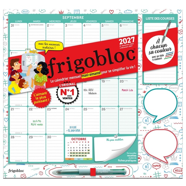FRIGOBLOC MENSUEL 4 COULEURS 2027 - CALENDRIER / MOIS (DE SEPT. 2026 A DEC. 2027)