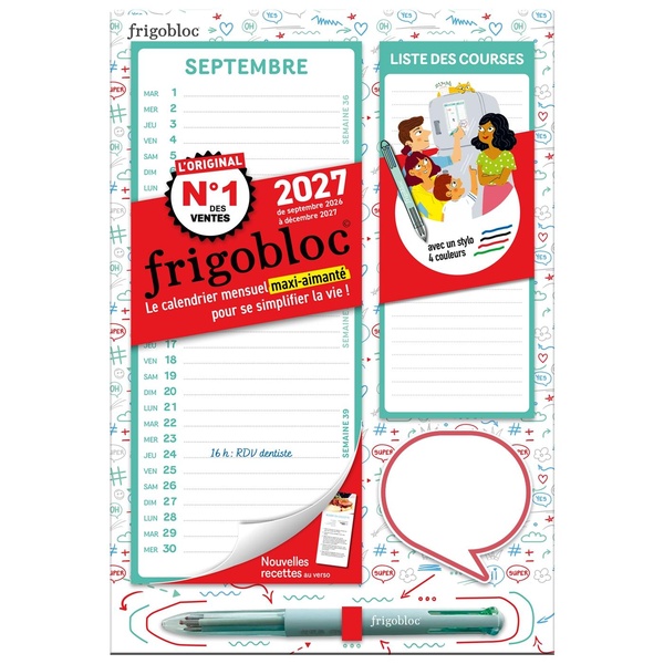 MINI FRIGOBLOC MENSUEL 4 COULEURS 2027 - CALENDRIER COMPACT / MOIS (DE SEPT. 2026 A DEC. 2027)