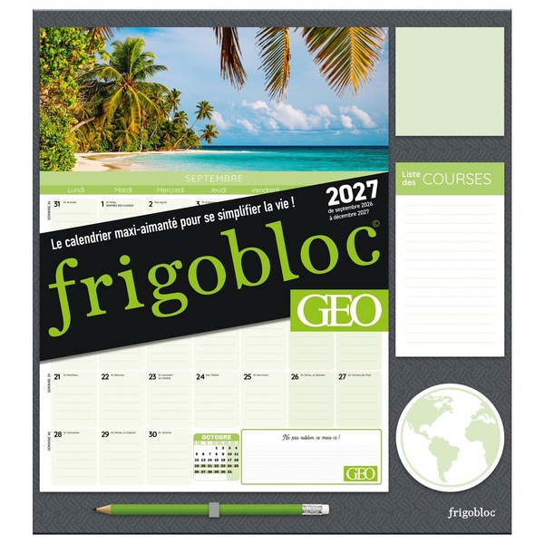 FRIGOBLOC MENSUEL GEO 2027 - CALENDRIER ORGANISEUR FAMILIAL (DE SEPT. 2026 A DEC. 2027)