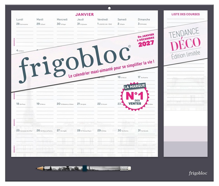 FRIGOBLOC MENSUEL 2027 TENDANCE DECO NOIR - CALENDRIER ORGANISEUR FAMILIAL (DE JANV. A DEC. 2027)