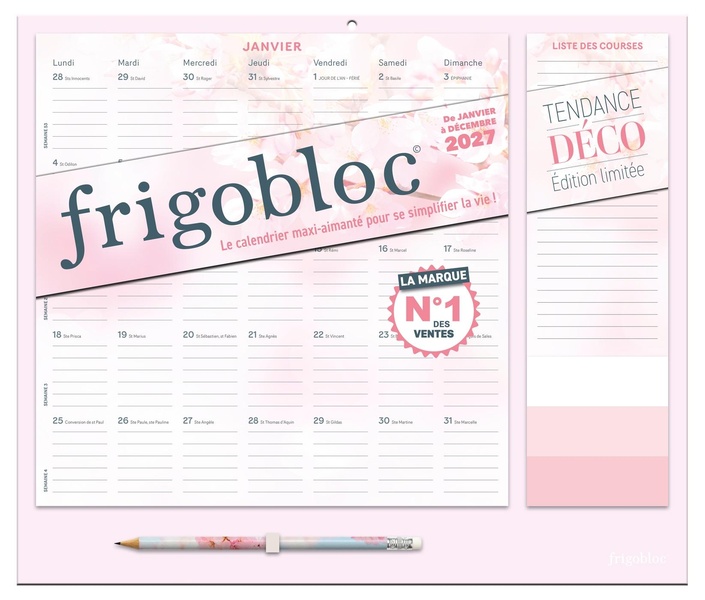 FRIGOBLOC MENSUEL 2027 TENDANCE DECO ROSE - CALENDRIER ORGANISEUR FAMILIAL (DE JANV. A DEC. 2027)