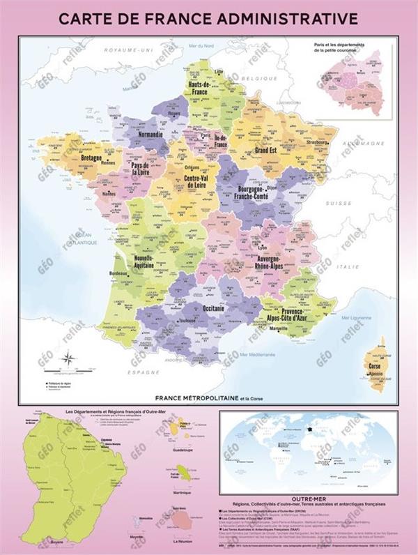 CARTE DE FRANCE ADMINISTRATIVE - MODELE FLUORINE - POSTER PLASTIFIE A0