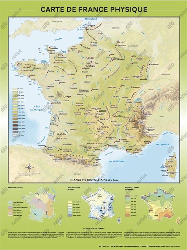 CARTE DE FRANCE PHYSIQUE : RELIEF ET HYDROGRAPHIE - POSTER PLASTIFIE A0