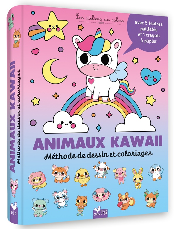 ANIMAUX KAWAII - METHODE DE DESSIN ET COLORIAGES - POCHETTE 5 FEUTRES PAILLETES ET 1 CRAYON A PAPIER