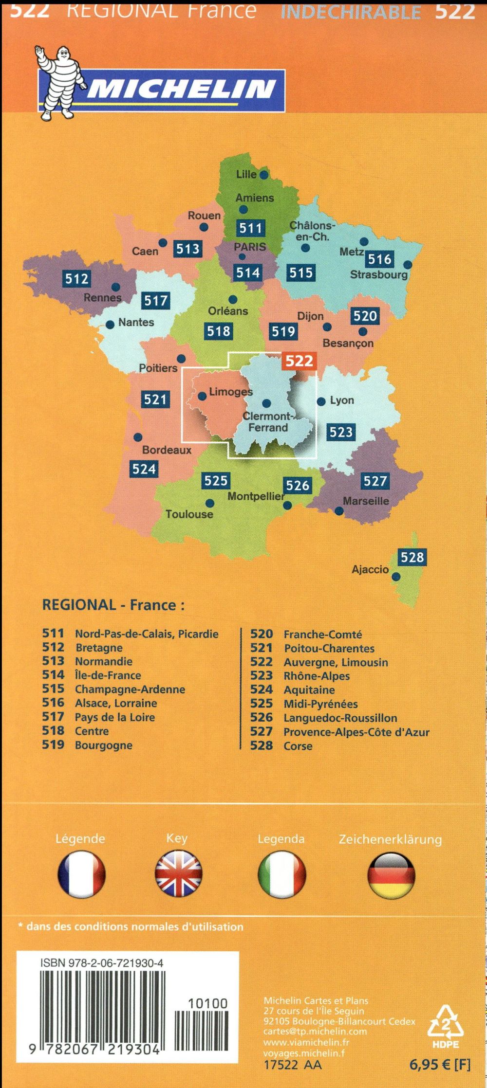 CARTE REGIONALE FRANCE - T7190 - CARTE REGIONALE 522 AUVERGNE LIMOUSIN 2017