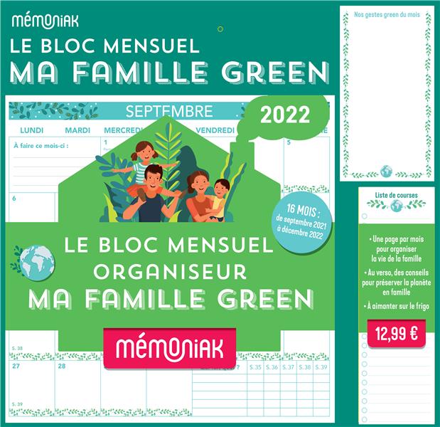 LE BLOC MENSUEL ORGANISEUR MA FAMILLE GREEN MEMONIAK 2021-2022  A AIMANTER SUR LE FRIGO