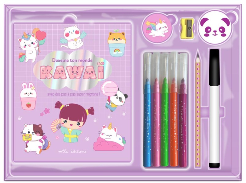 DESSINE TON MONDE KAWAI (COFFRET) - AVEC DES PAS A PAS SUPER MIGNONS !