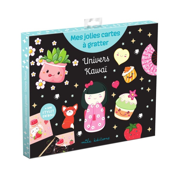 UNIVERS KAWAI - MES JOLIES CARTES A GRATTER - POCHETTE AVEC 8 CARTES A GRATTER ET UN STYLET EN BOIS