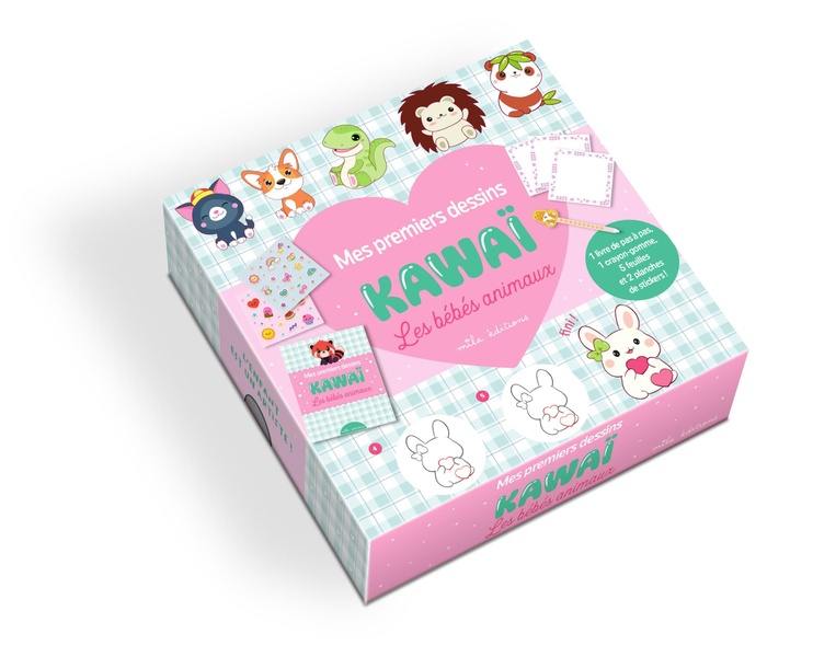 COFFRET - MES PREMIERS DESSINS KAWAI - LES BEBES ANIMAUX - AVEC 1 LIVRE, 2 PLANCHES DE STICKERS, 5 F