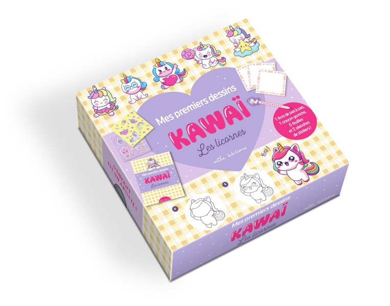 COFFRET - MES PREMIERS DESSINS KAWAI - LES LICORNES - AVEC 1 LIVRE AVEC DES MODELES, 2 PLANCHES DE S