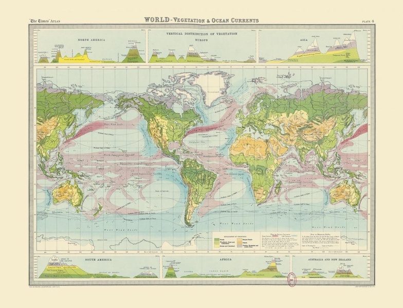 CARTE  LE MONDE  VEGETATION ET COURANTS MARINS