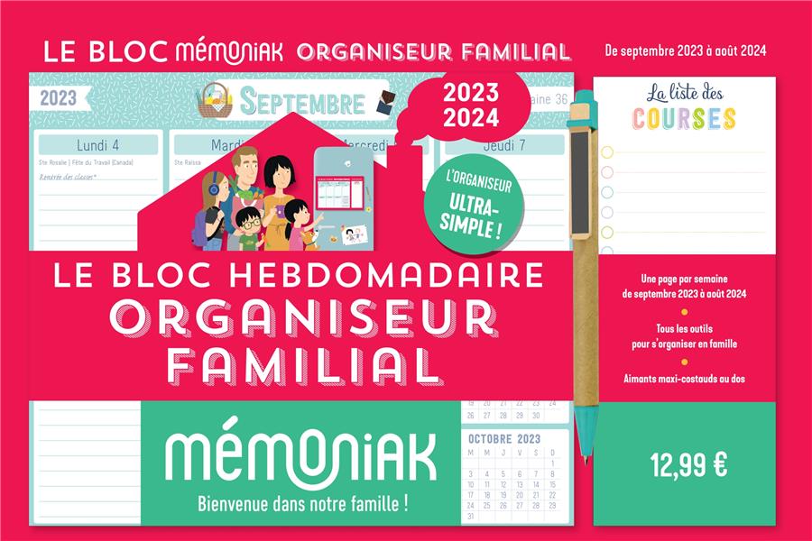 LE BLOC HEBDOMADAIRE ORGANISEUR FAMILIAL MEMONIAK, CALENDRIER SEPT. 2023 - AOUT 2024