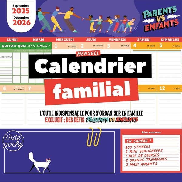 GRAND CALENDRIER FAMILIAL MENSUEL - SEPTEMBRE 2025 - DECEMBRE 2026