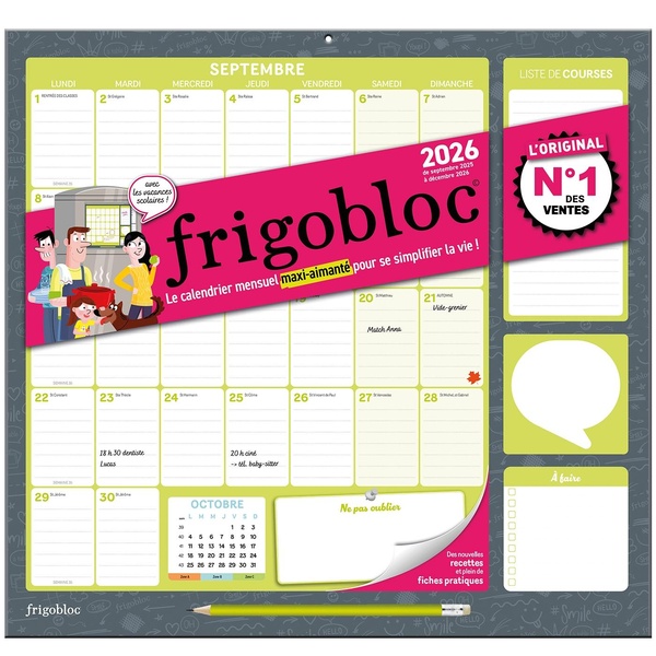 FRIGOBLOC MENSUEL 2026 - CALENDRIER D'ORGANISATION FAMILIALE / MOIS (DE SEPT. 2025 A DEC. 2026)