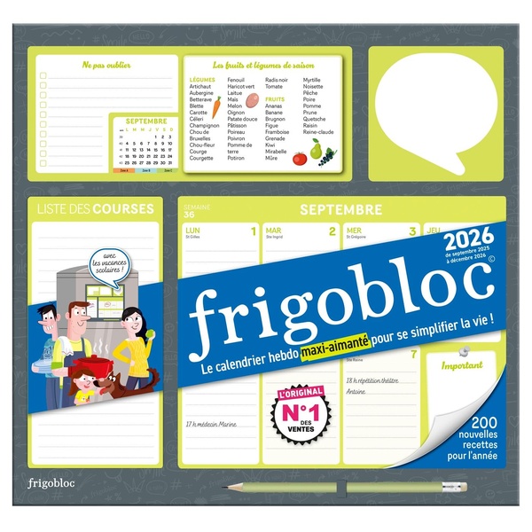 FRIGOBLOC HEBDOMADAIRE 2026 - CALENDRIER D'ORGANISATION FAMILIALE / SEM (DE SEPT. 2025 A DEC. 2026)