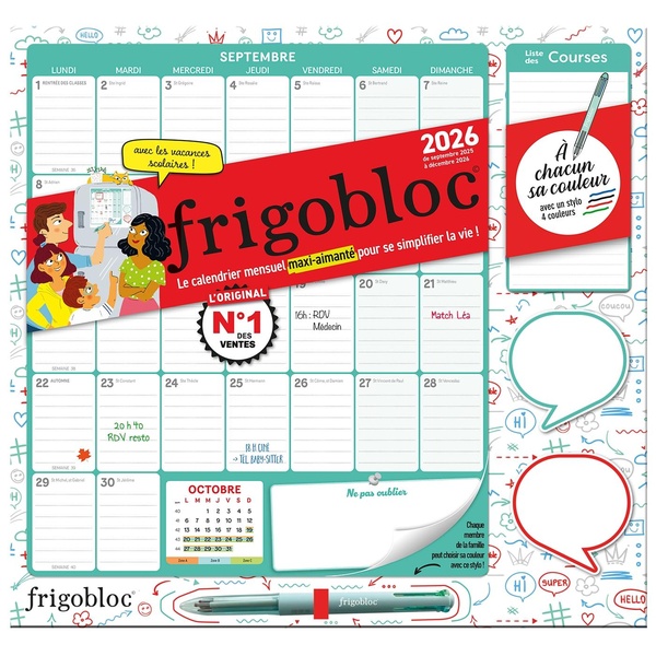 FRIGOBLOC MENSUEL 2026 AVEC UN STYLO 4 COULEURS ! (DE SEPT. 2025 A DEC. 2026)