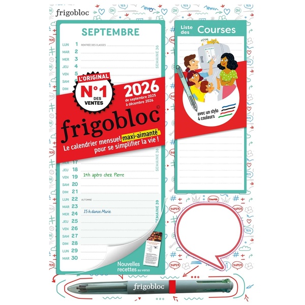 MINI FRIGOBLOC MENSUEL 2026 AVEC UN STYLO 4 COULEURS ! (DE SEPT. 2025 A DEC. 2026)