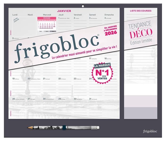 FRIGOBLOC MENSUEL 2026 TENDANCE DECO NOIR (DE JANV. A DEC. 2026)