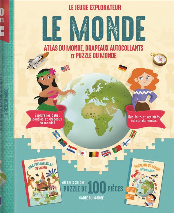 COFFRET LE MONDE LE JEUNE EXPLORATEUR - ATLAS DU MONDE, DRAPEAUX AUTOCOLLANTS ET PUZZLE DU MONDE