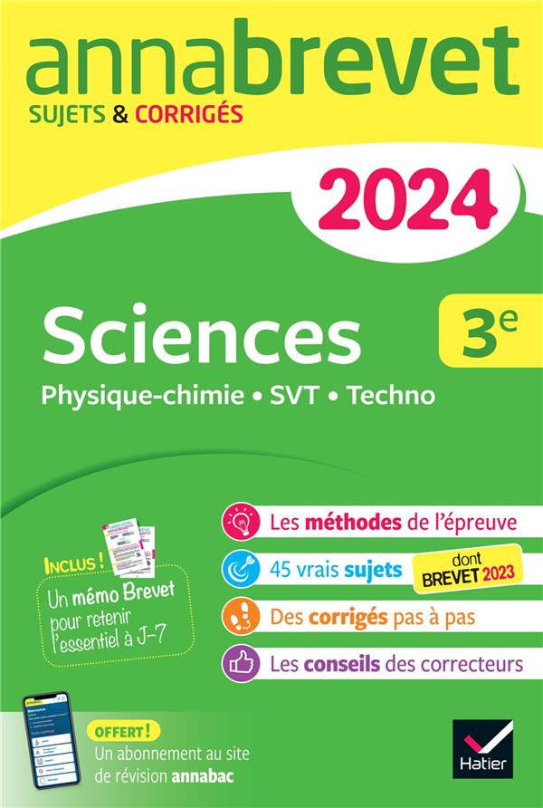 Annales du brevet annabrevet 2024 sciences (physique-chimie, svt, technologie) 3e - sujets corriges
