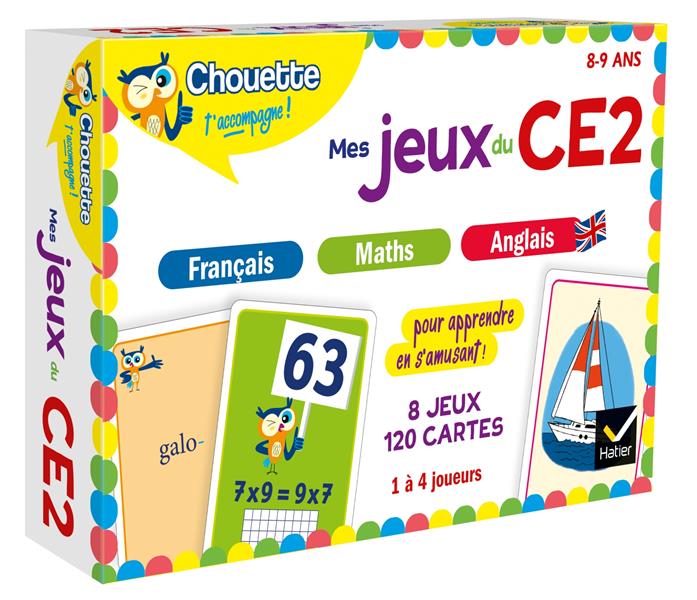MES JEUX DU CE2 EN FRANCAIS, MATHS, ANGLAIS - 8 JEUX EDUCATIFS - 120 CARTES